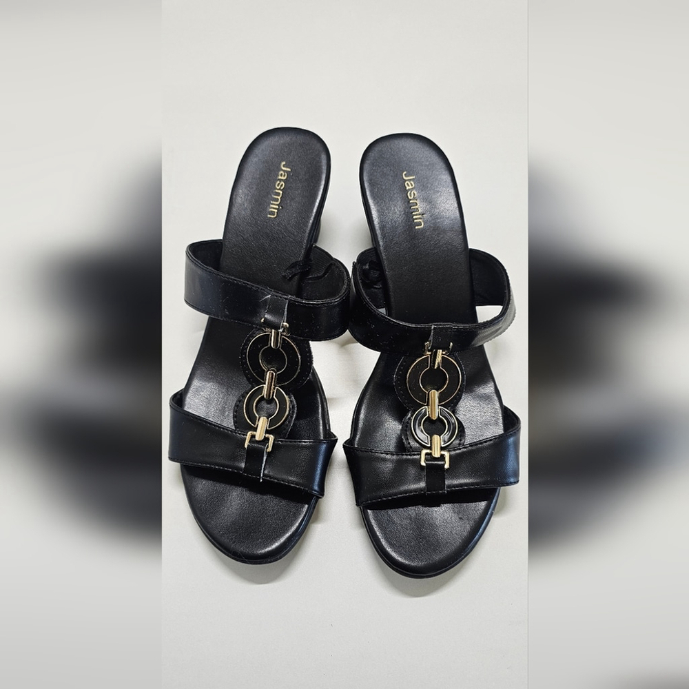 Jasmin Black Sandals with Gold Details Size 10; 2.5 In Heel